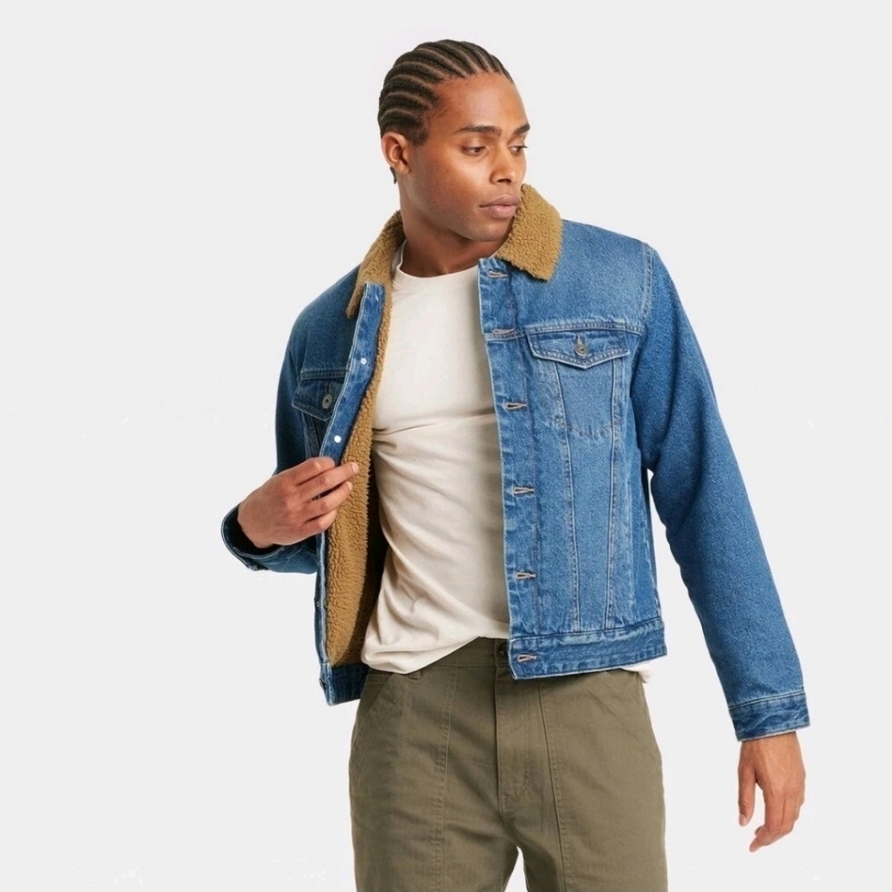 Goodfellow & Co. Men's Faux Shearling Lined Denim Trucker Jacket Medium New!